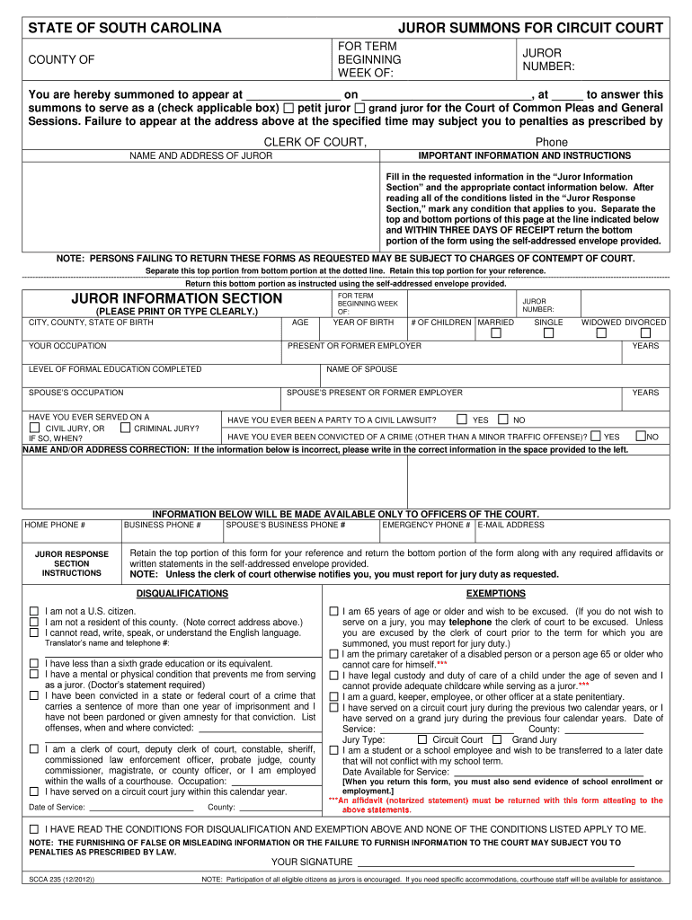 JUROR SUMMONS for CIRCUIT COURT  Judicial State Sc  Form